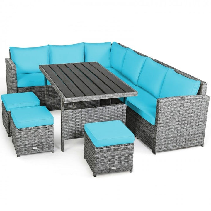 7pc L-Shape Rattan Wicker Dining Set Outdoor Patio Sectional w Table Cushions Ottomans, Turquoise