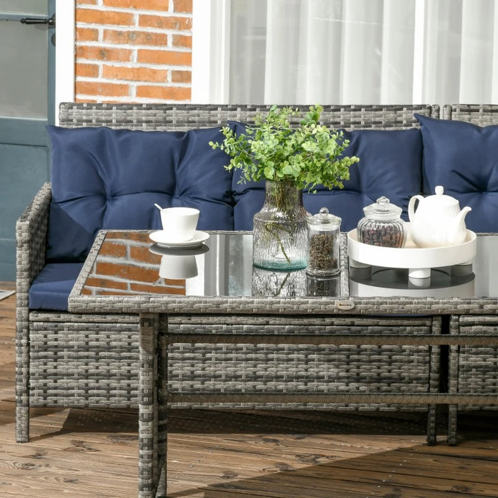 6pc L-Shape PE Rattan Wicker Outdoor Patio Dining Table Set, Cushions Ottomans, Grey, Navy Blue