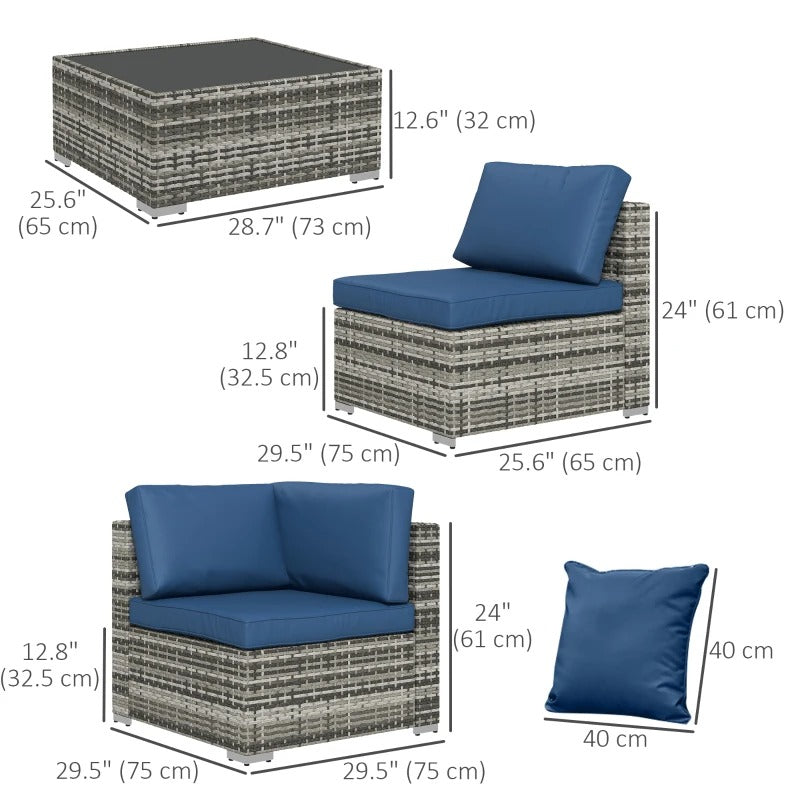 7pc PE Rattan Wicker Sectional Conversation Furniture Set w Cushions Outdoor Patio - Blue & Grey