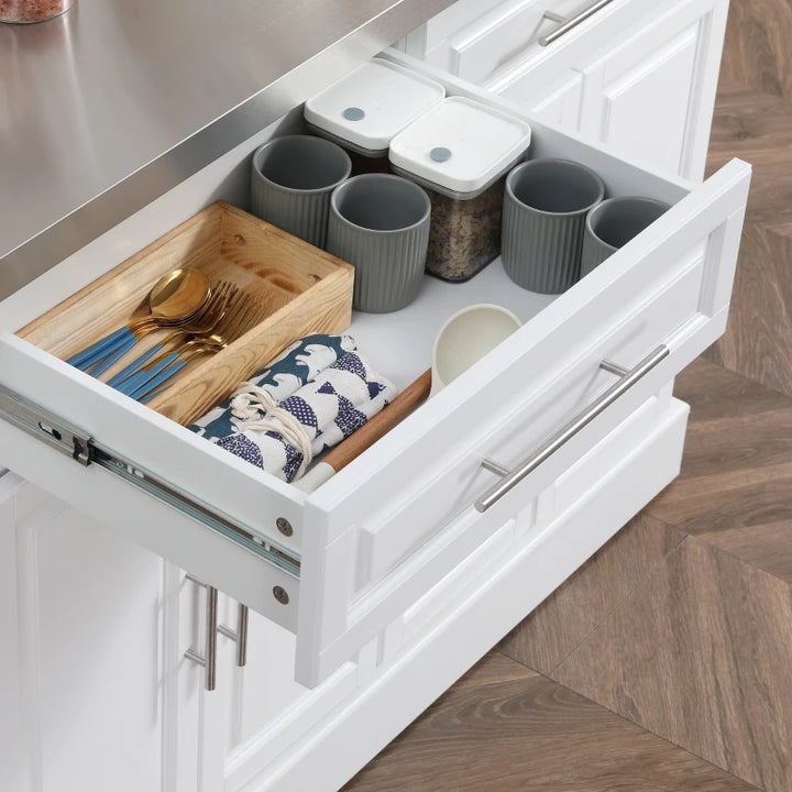 Large Rolling Kitchen Island Storage Cart Cabinet Dining Sideboard w Stainless Steel Top, White