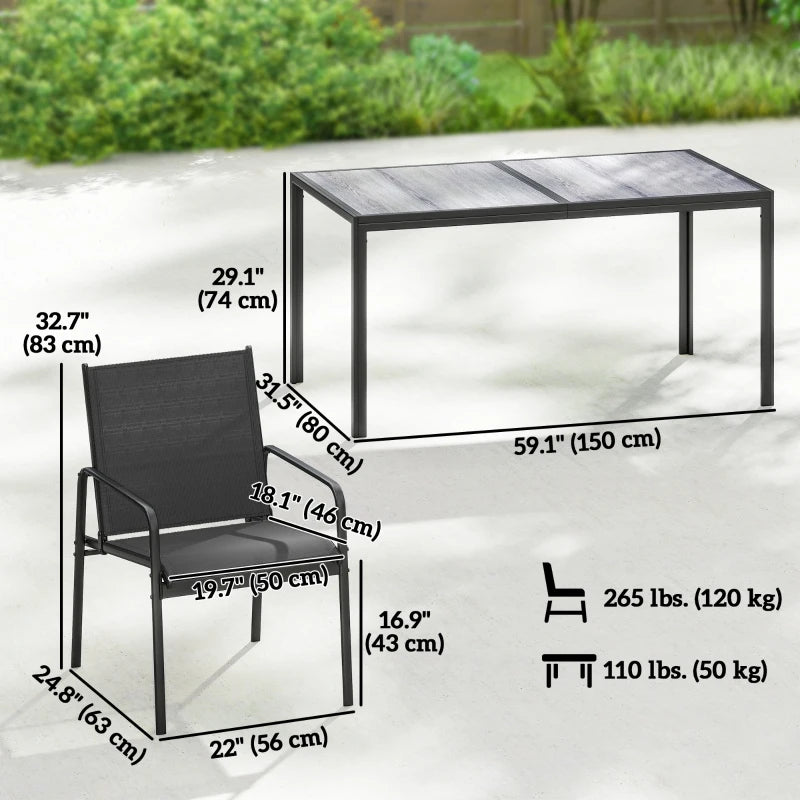 Outdoor Dining Set for 6 with Faux Wood Patio Table and Breathable Mesh Chairs - Durable Weather-Resistant Patio Furniture