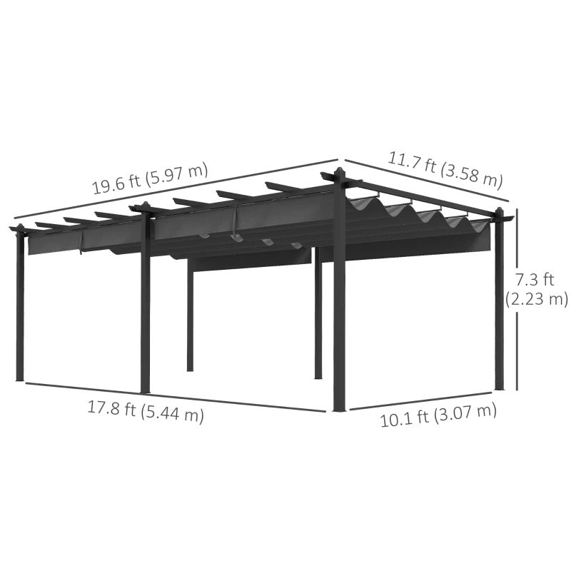 19.6' x 11.7' Double Wide Aluminum Pergola Gazebo Shelter w Retractable Roof, Deck Patio, Grey