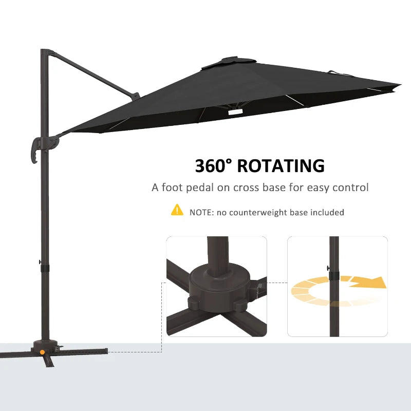 10ft Offset LED Tilt Umbrella Cantilever Canopy Outdoor Patio, Solar Light, Cross Base, Dk Grey