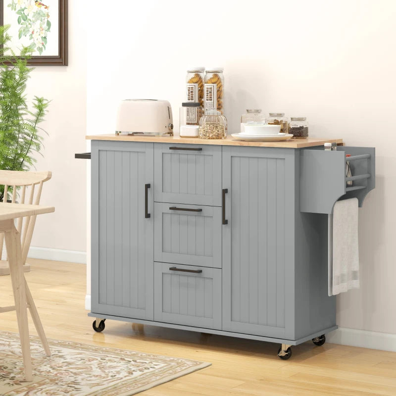 Rolling Kitchen Island Cart w Drop-leaf Dining Countertop Bar, Storage Drawers, Wood Top, Grey