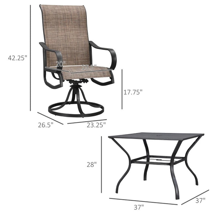 5pc Steel Bistro Dining Table w 4 High-Back Mesh Swivel Rocking Chairs, Outdoor Patio, Brown