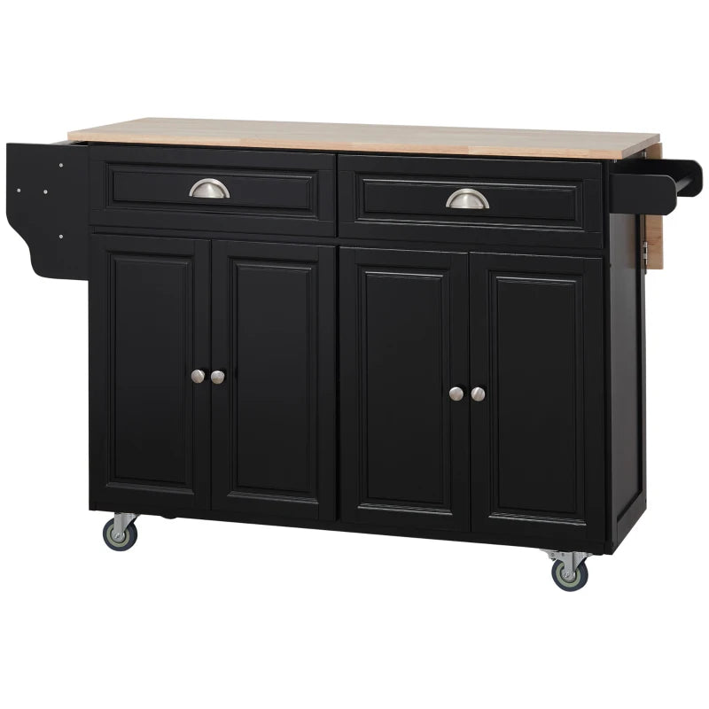 Rolling Kitchen Island Cart w Drop-leaf Dining Countertop Bar, Storage Cabinet, Wood Top, Black