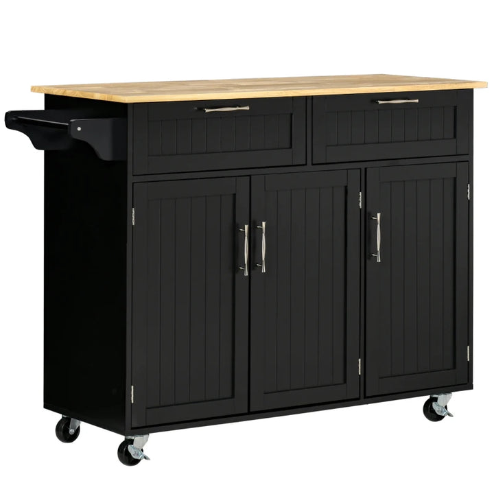 Modern Rolling Kitchen Island Storage Cart Cabinet Sideboard w Drawers, Natural Wood Top, Black