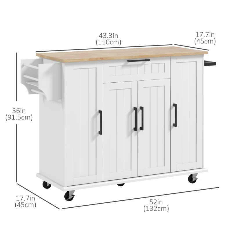 Modern Rolling Kitchen Island Storage Cart Cabinet Sideboard, Natural Wood Top, Wheels, White