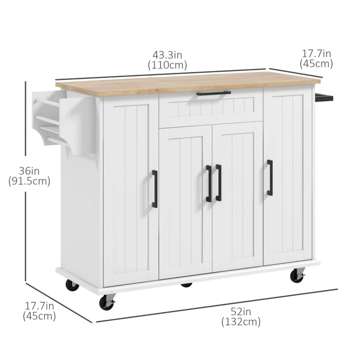 Modern Rolling Kitchen Island Storage Cart Cabinet Sideboard, Natural Wood Top, Wheels, White