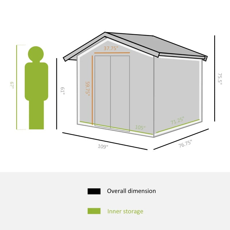 9’ x 6’ x 6’ Outdoor Metal Storage Shed Organizer w/ Foundation for Patio Backyard - Green