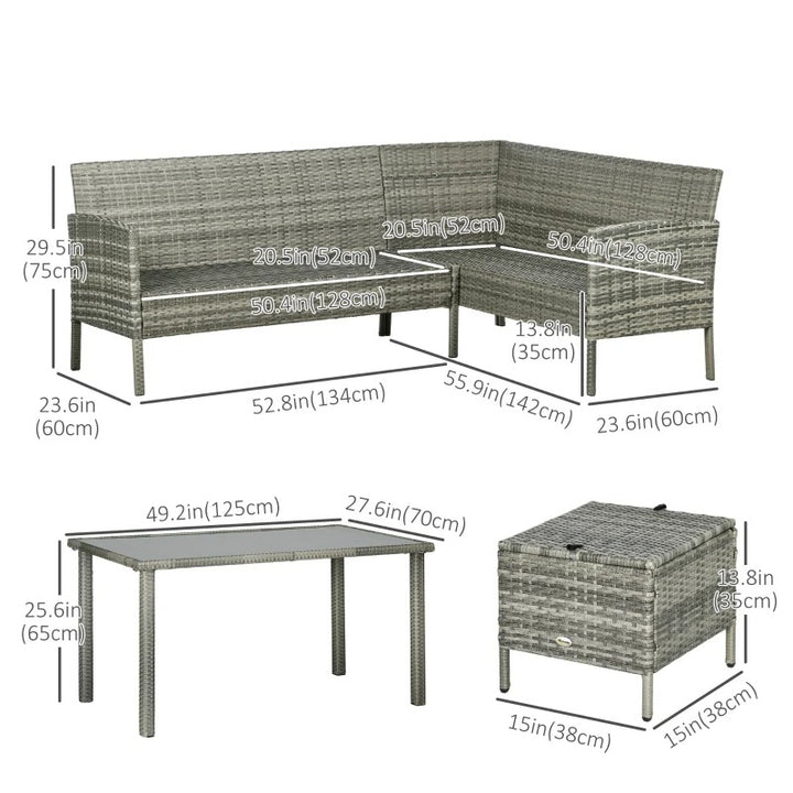 5pc L Shape PE Rattan Wicker Galv Steel Dining Table Set w Cushions Patio Deck, Grey, Navy Blue