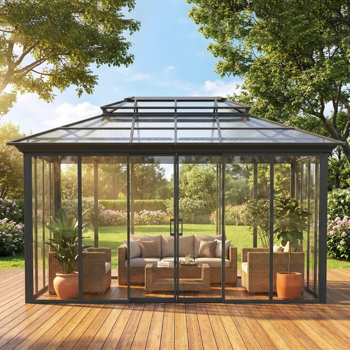 Hardtop Gazebo 10' x 14' Sun Room With Double Sliding Doors - Weatherproof Outdoor Patio Shelter