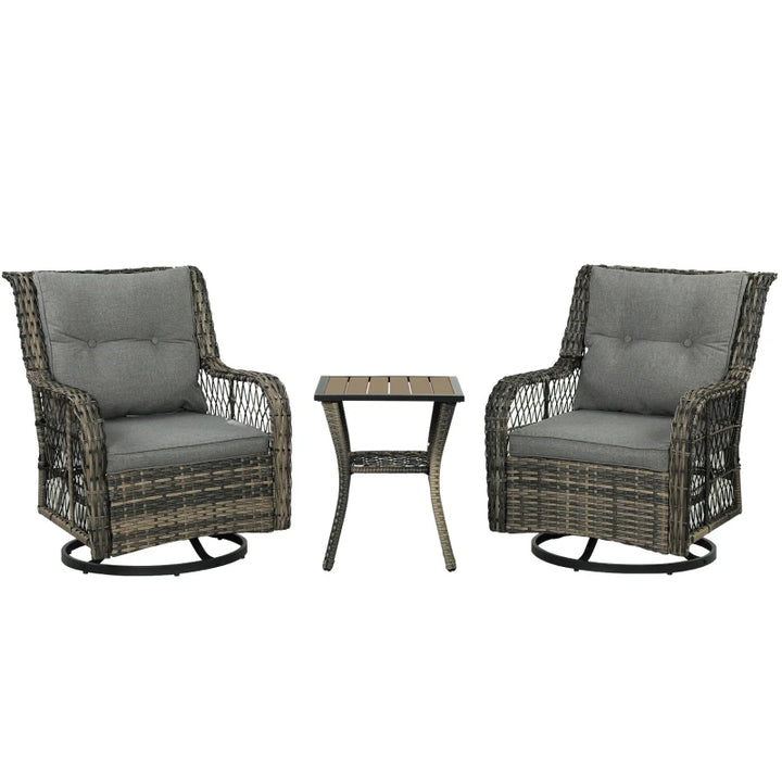 3-Piece Outdoor Bistro Set Wicker Patio Furniture with Swivel Glider Chairs - Cozy Small Space Seating