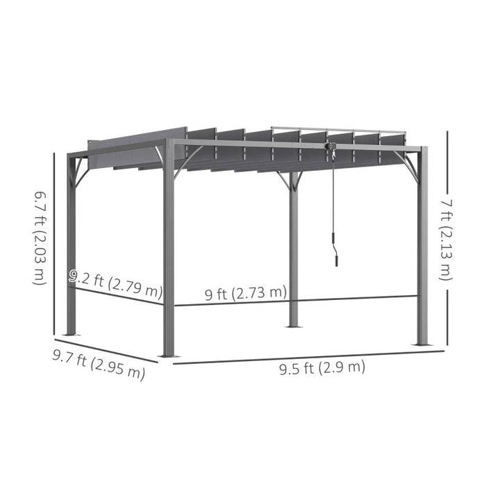 9.5' x 9.7' Louvered Aluminum Steel Patio Pergola Gazebo Canopy, Adjustable Fabric Roof, Grey