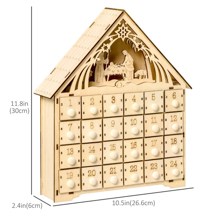 Light-Up Wooden Christmas Advent Calendar w 24 Drawers Holiday Xmas, Bible Nativity Manger Baby