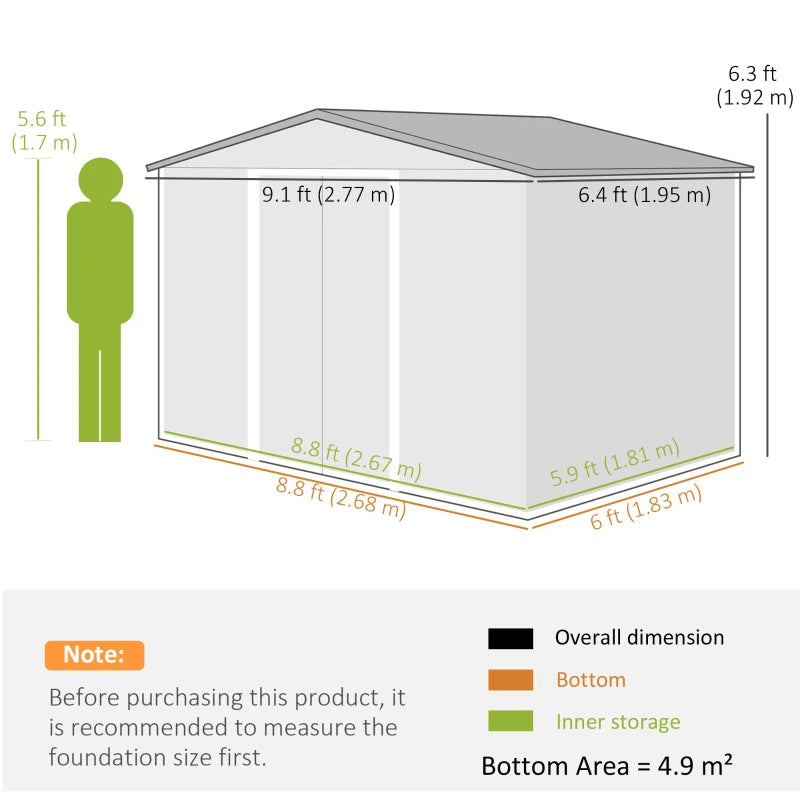 9.1' x 6.4' Metal Garden Storage Shed with Double Sliding Doors - Durable Outdoor Tool Storage