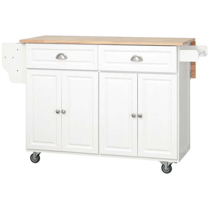 Rolling Kitchen Island Cart w Drop-leaf Dining Countertop Bar, Storage Cabinet, Wood Top, White