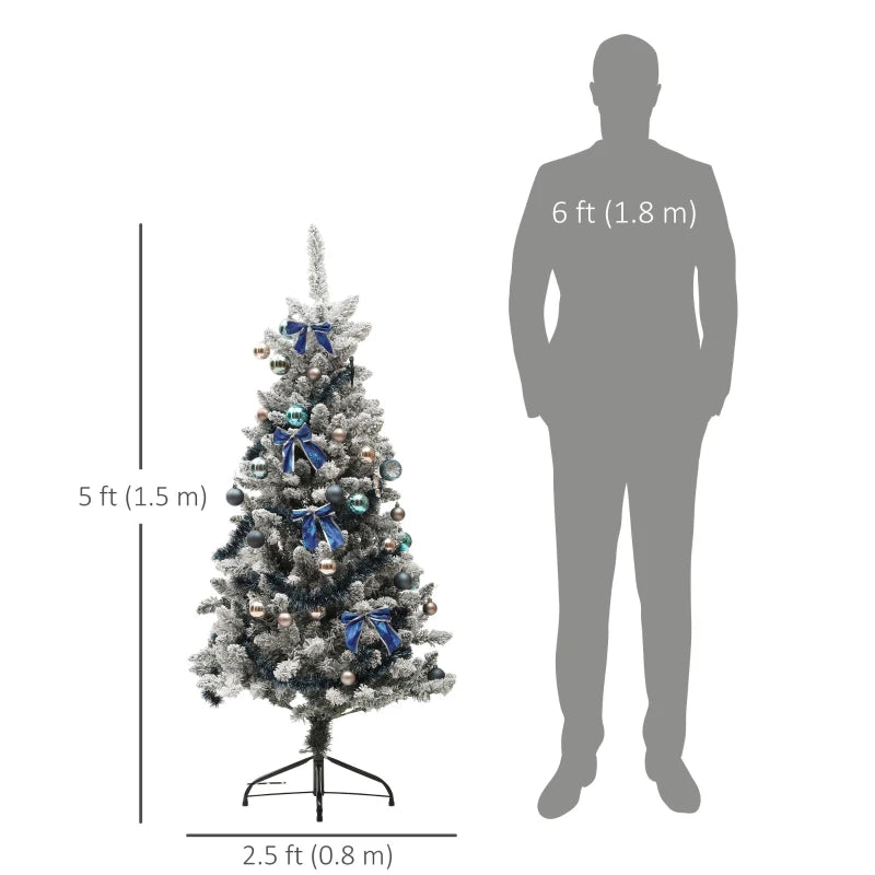 NEW 5ft 472-Tip Prelit Flocked Artificial Tree w 130 LEDs Christmas Holiday, Green w Blue Ornaments