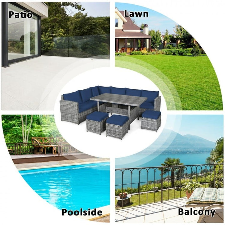 7pc L-Shape Rattan Wicker Dining Set Outdoor Patio Sectional w Table Cushions Ottomans, Navy Blue