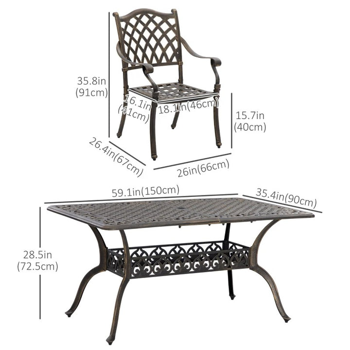 7pc Cast Aluminum Dining Table Set w 6 Chairs, Cushions for Outdoor Patio - Bronze Brown, Beige