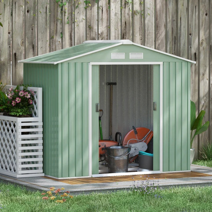 7’ x 4’ x 6’ Outdoor Metal Storage Shed Organizer w Foundation for Garden Backyard, Light Green