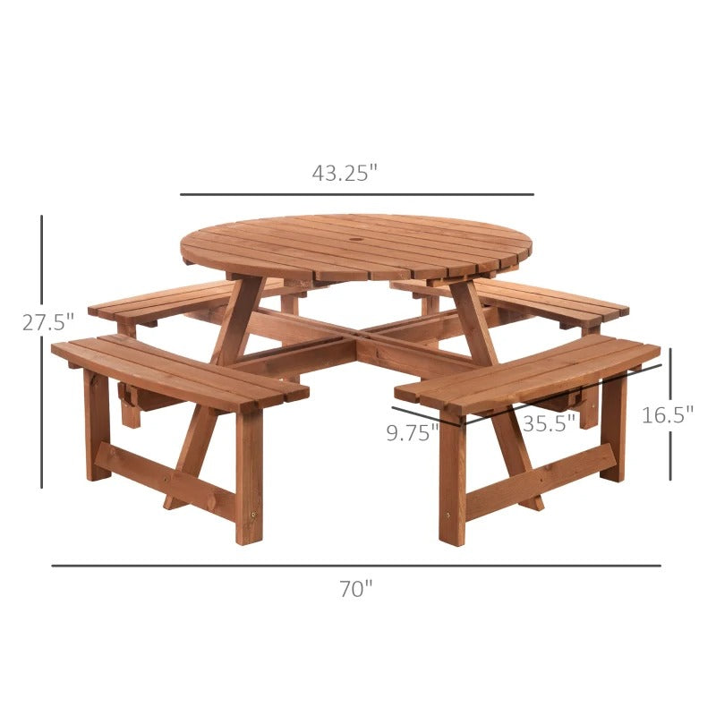 NEW 8-Seat Round Picnic Dining Pub Table w Bench Seats, Outdoor Pool Patio, Solid Stained Fir Wood