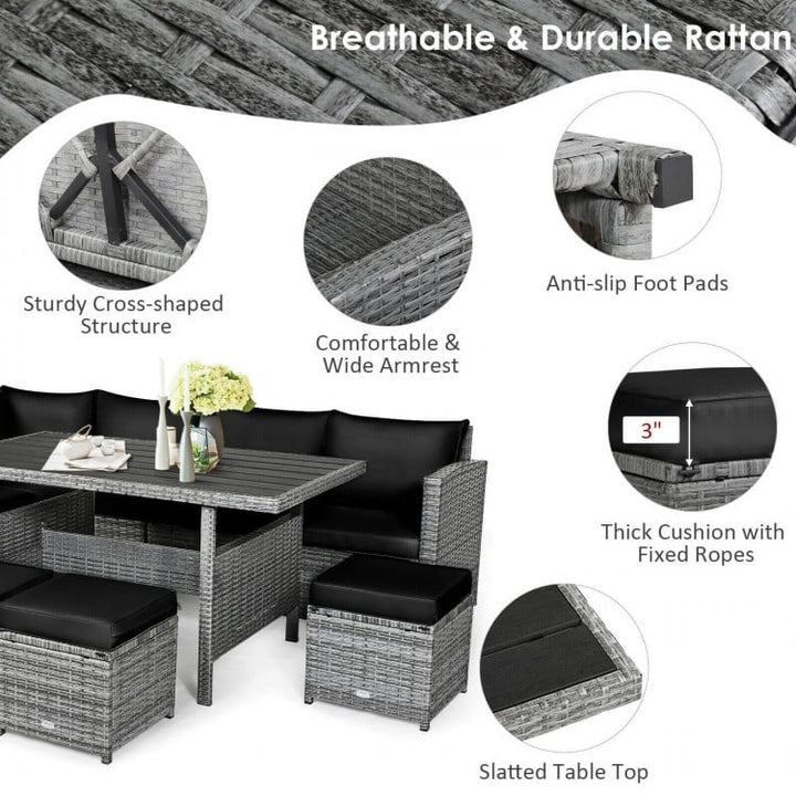 7pc L-Shape Rattan Wicker Dining Set Outdoor Patio Sectional w Table Cushions Ottomans, Black