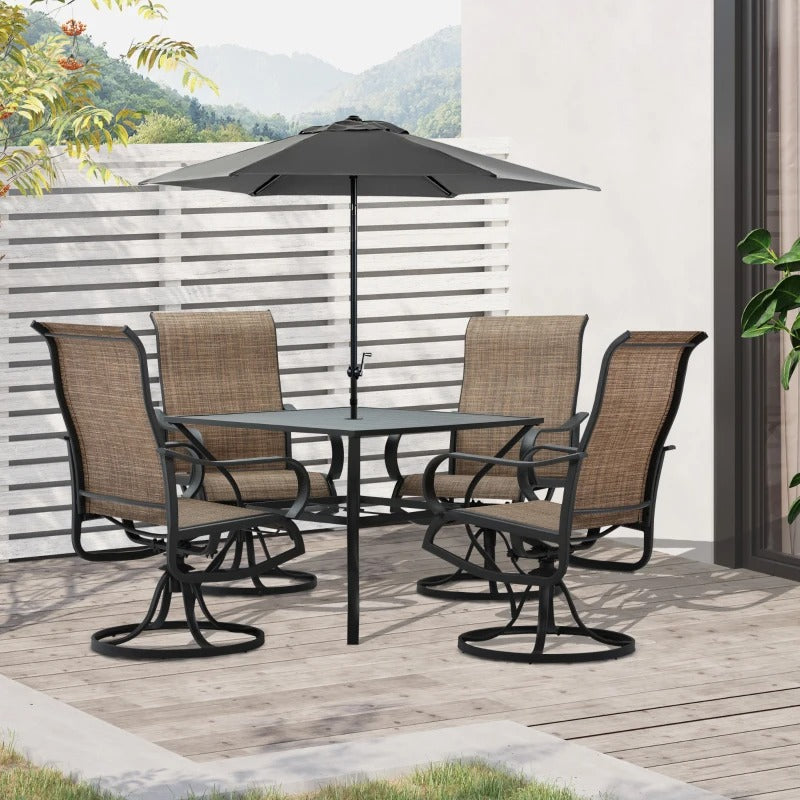 5pc Steel Bistro Dining Table w 4 High-Back Swivel Rocking Chairs, Outdoor Patio, Black, Brown