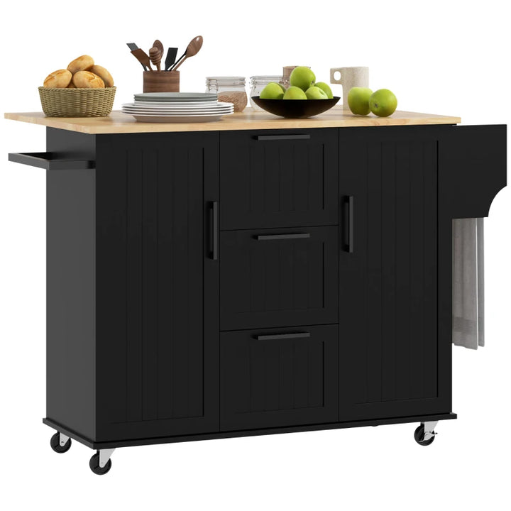 Rolling Kitchen Island Cart w Drop-leaf Dining Countertop Bar, Storage Drawers, Wood Top, Black