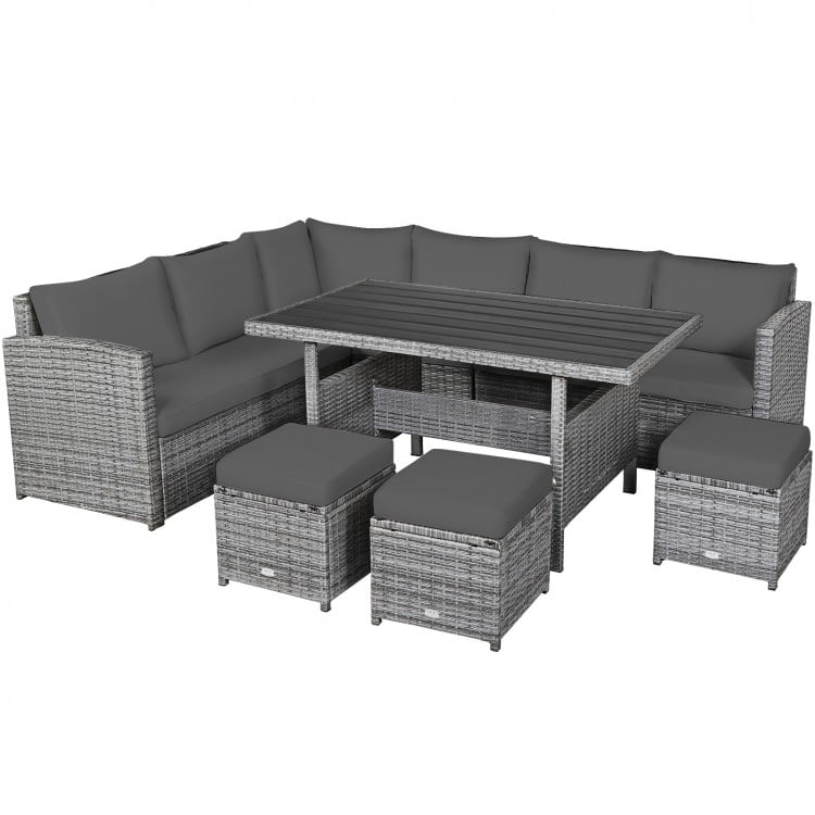 7pc L-Shape Rattan Wicker Dining Set Outdoor Patio Sectional w Table Cushions Ottomans, Mixed Grey