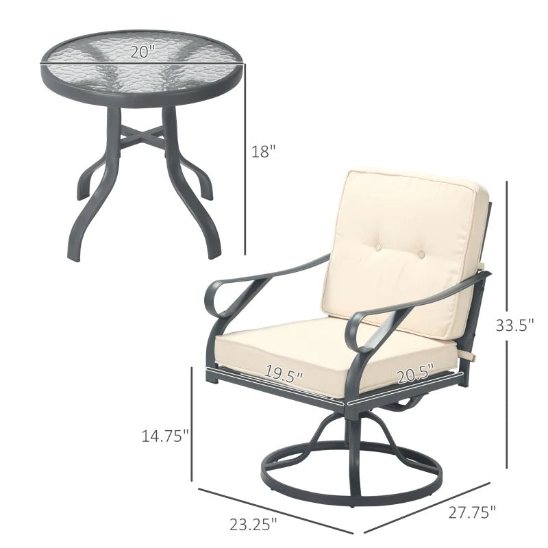 3pc Metal Bistro Set w Swivel Rocker Chairs & Glass Table for Outdoor Patio, Cream White & Grey