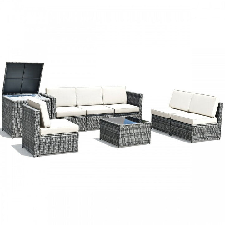 8pc L-Shape Rattan Wicker Sectional w Storage, Cover, Outdoor Patio Furniture, Grey, White