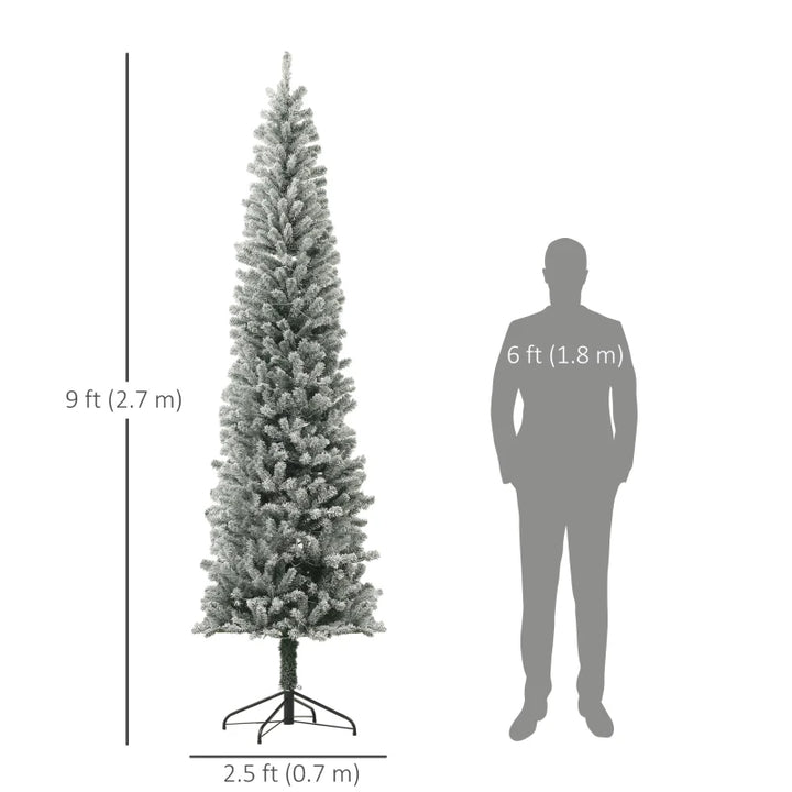 NEW 9ft 895-Tip Prelit Flocked Pencil Artificial Tree, 170 Lights, Remote, Christmas Holiday Green