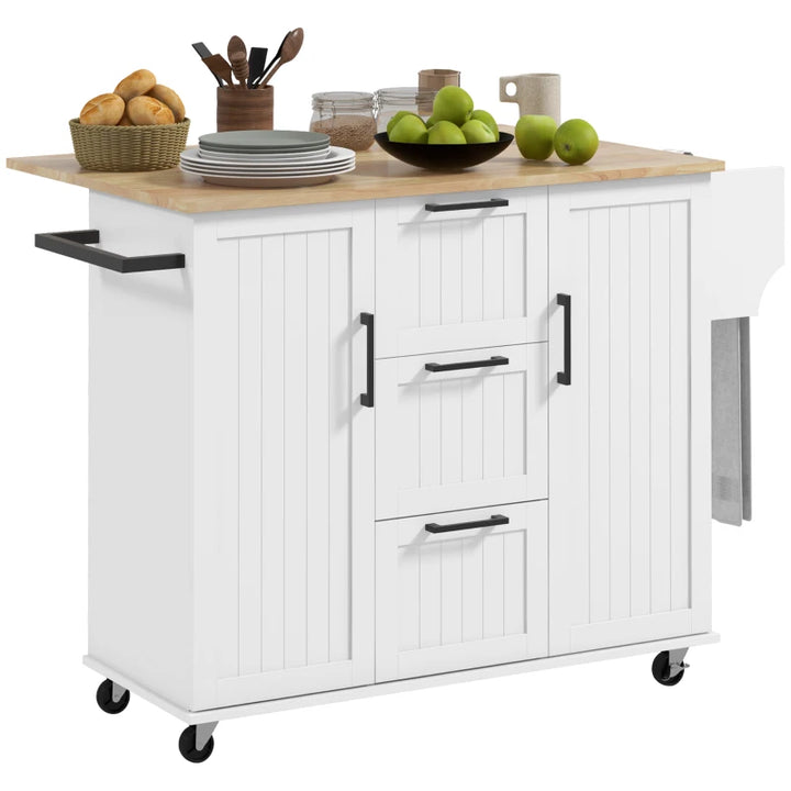 Rolling Kitchen Island Cart w Drop-leaf Dining Countertop Bar, Storage Drawers, Wood Top, White