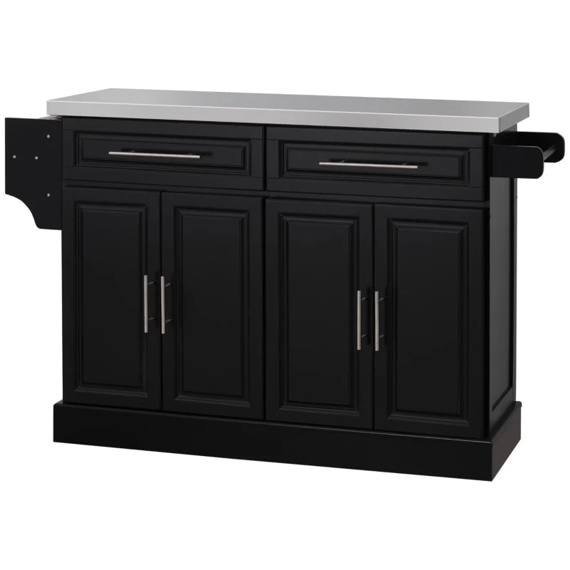 Large Rolling Kitchen Island Storage Cart Cabinet Dining Sideboard w Stainless Steel Top, Black