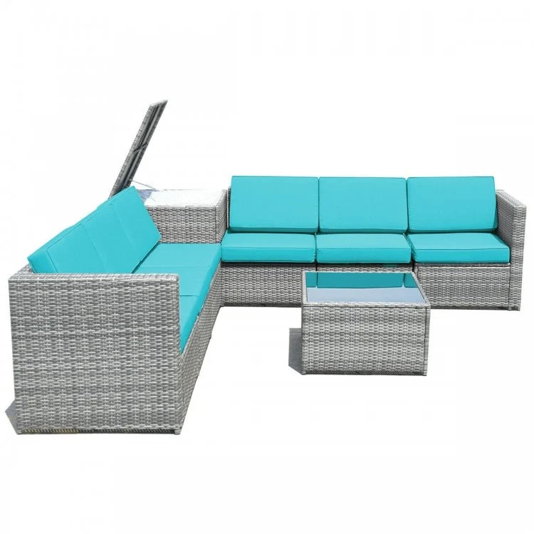 8pc L-Shape Rattan Wicker Sectional w Storage, Cover, Outdoor Patio Furniture, Grey, Turquoise