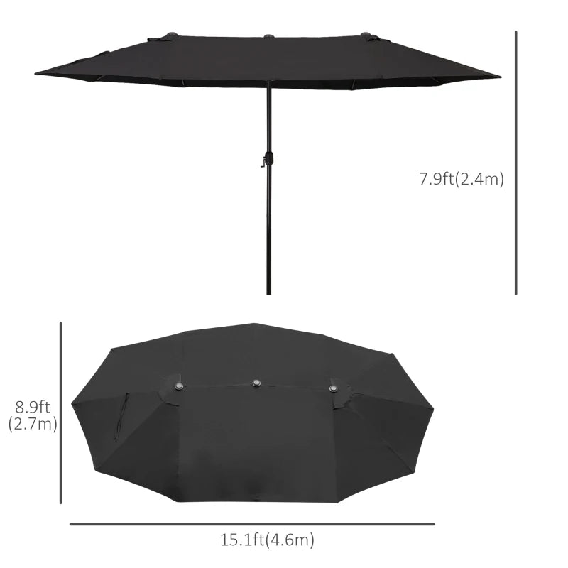 15ft Double Twin Canopy Patio Outdoor Deck Umbrella Shade Shelter w UV Protection Crank, Black