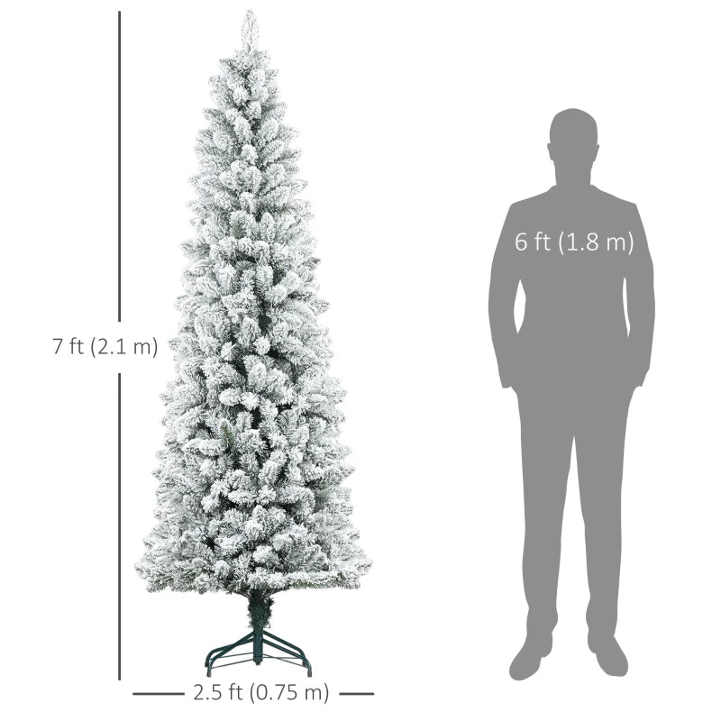 7ft 687-Tip Unlit Snow Flocked Slim Artificial Pencil Christmas Holiday Fake Xmas Tree, Green