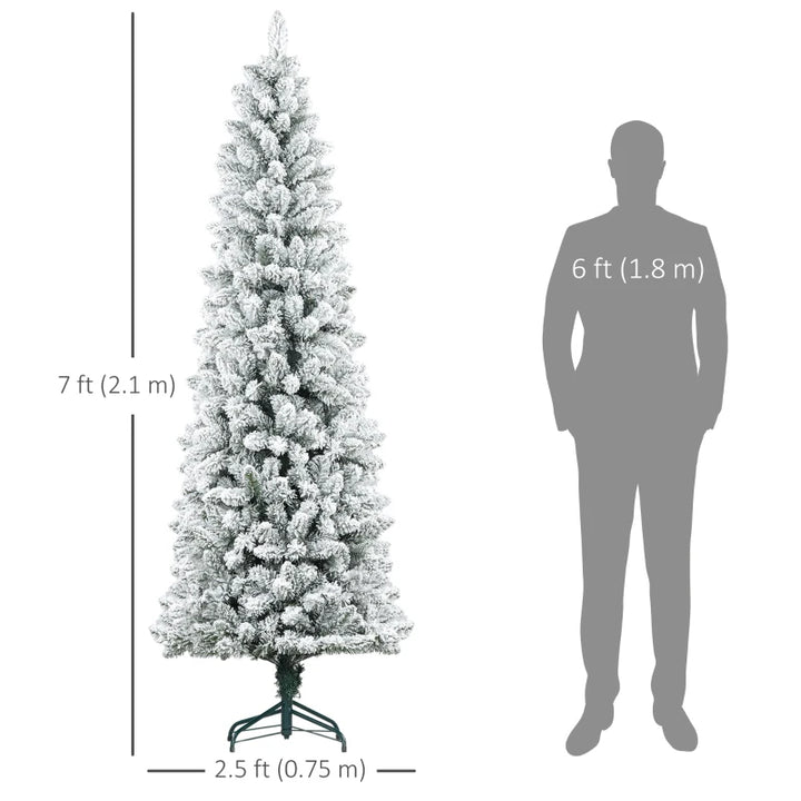 7ft 687-Tip Unlit Snow Flocked Slim Artificial Pencil Christmas Holiday Fake Xmas Tree, Green