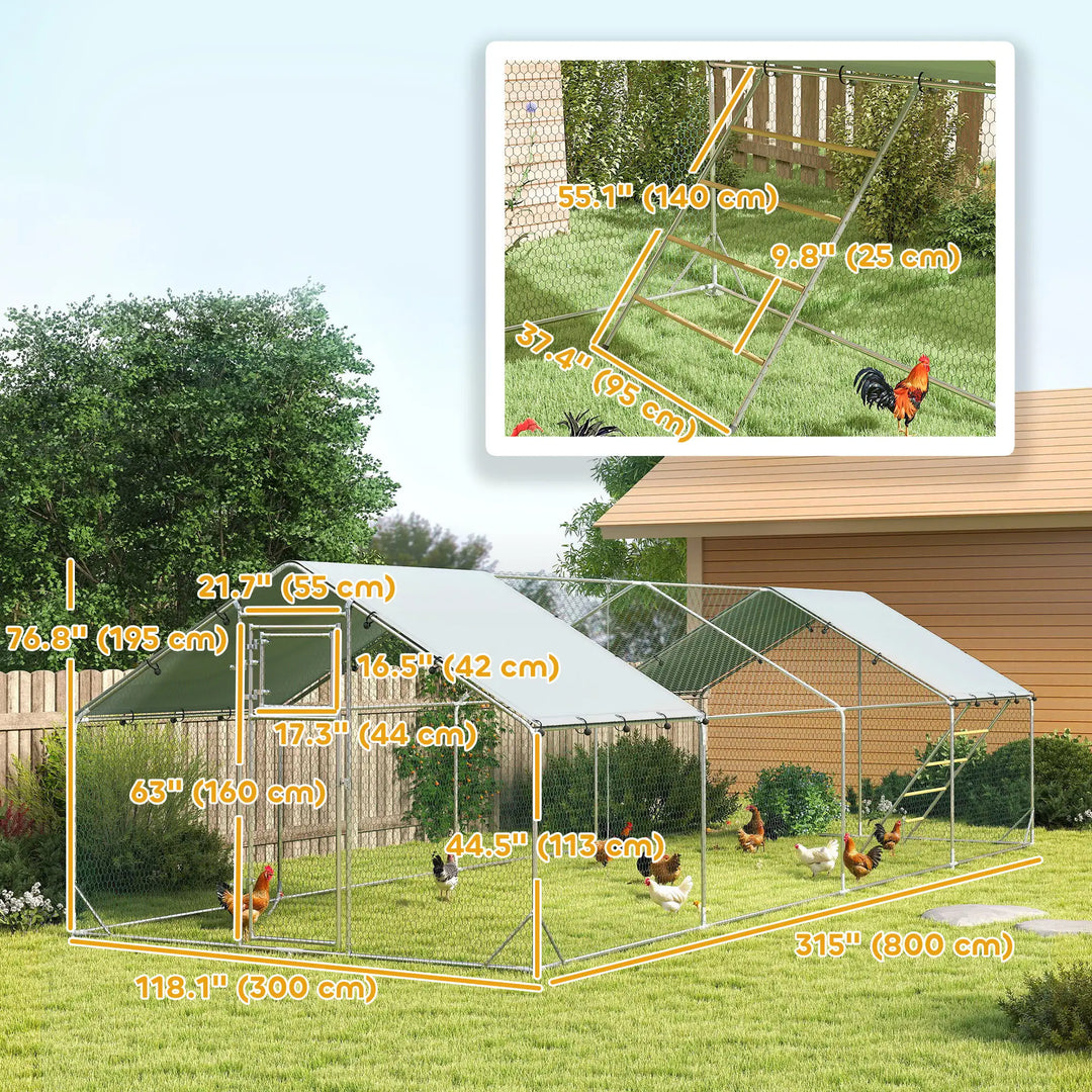 26.2' x 9.8' x 6.4' Large Galv Steel Outdoor Chicken Run Coop w Feed Door, Cage Shelter Fence Yard