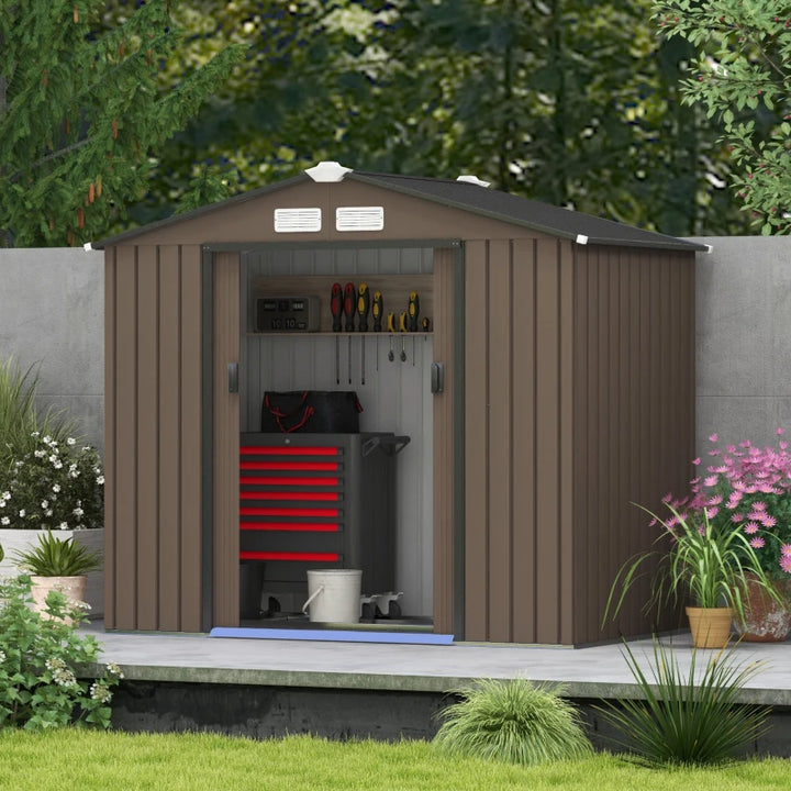 7’ x 4’ x 6’ Outdoor Metal Storage Shed Organizer w Foundation for Garden Backyard, Dark Brown