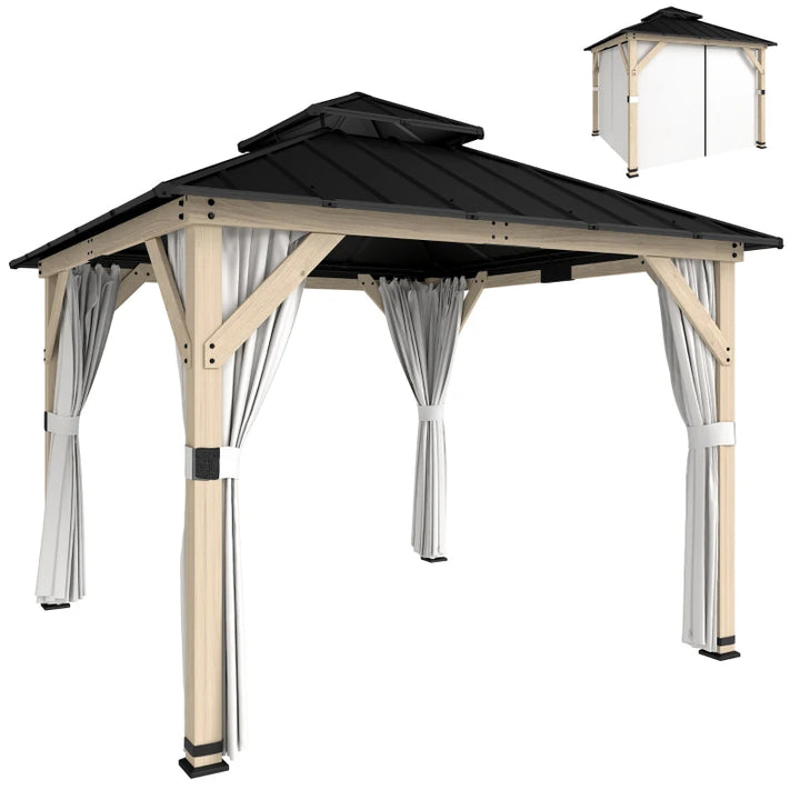 10' x 10' Outdoor Hardtop Gazebo with Double Steel Roof and Curtains - Durable Weather-Resistant Patio Shelter