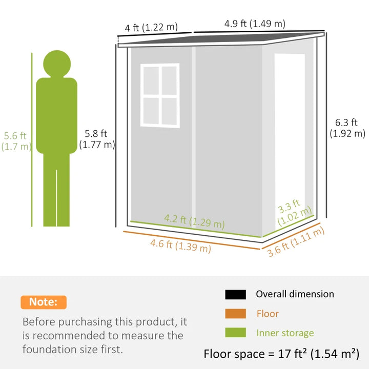 4'x5' Garden Storage Shed Lean-To - Lockable Weatherproof Outdoor Tool Storage