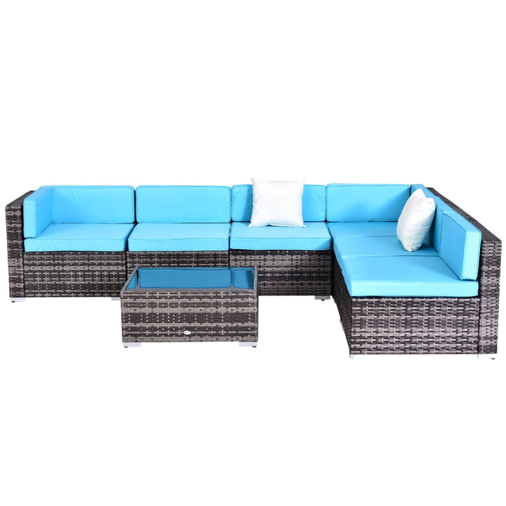 7pc PE Rattan Wicker Sectional Conversation Furniture Set w/ Cushions Deck Patio, Lt Blue, Grey