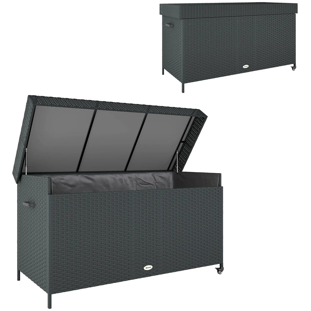 60" 165-Gal Plastic Wicker Deck Box Storage Bin w Wheels for Cushions Tools Outdoor Patio, Black