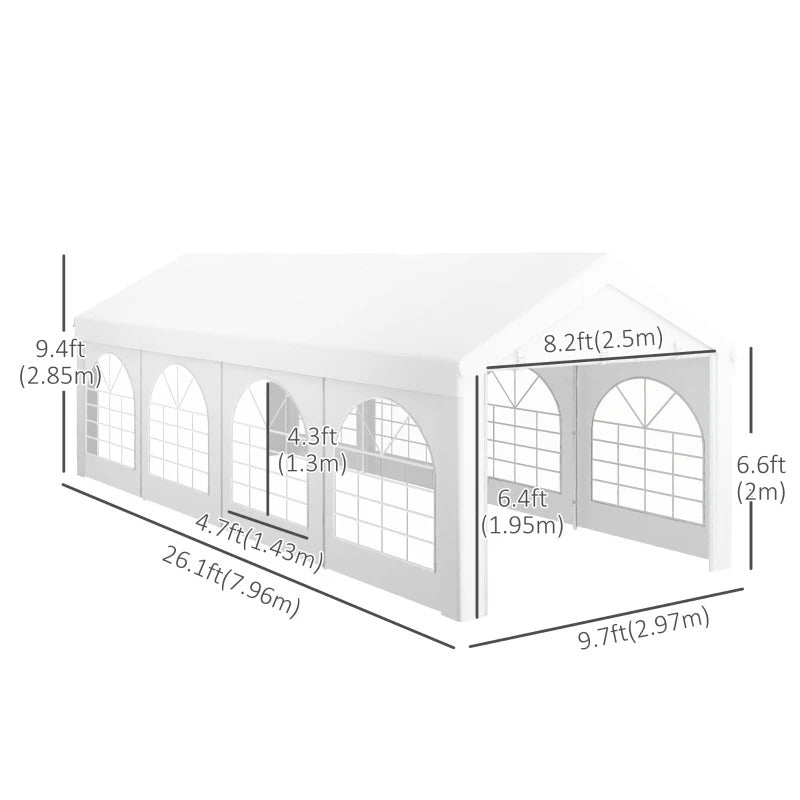 26' x 10' Portable Party Tent Canopy Carport w/ Removable Sidewalls, Doors, & Windows - White