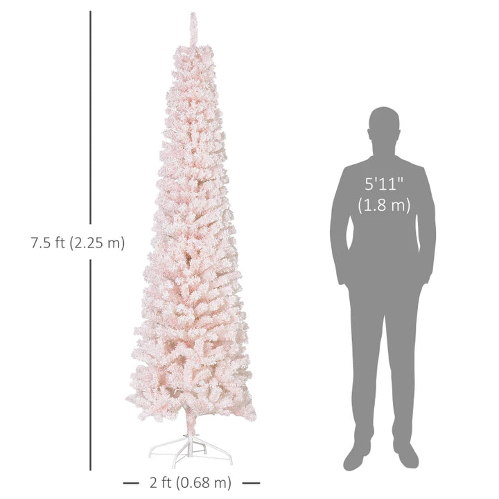 7.5ft 738-Tip Unlit Snow Flocked Slim Artificial Pencil Christmas Holiday Fake Xmas Tree, Pink