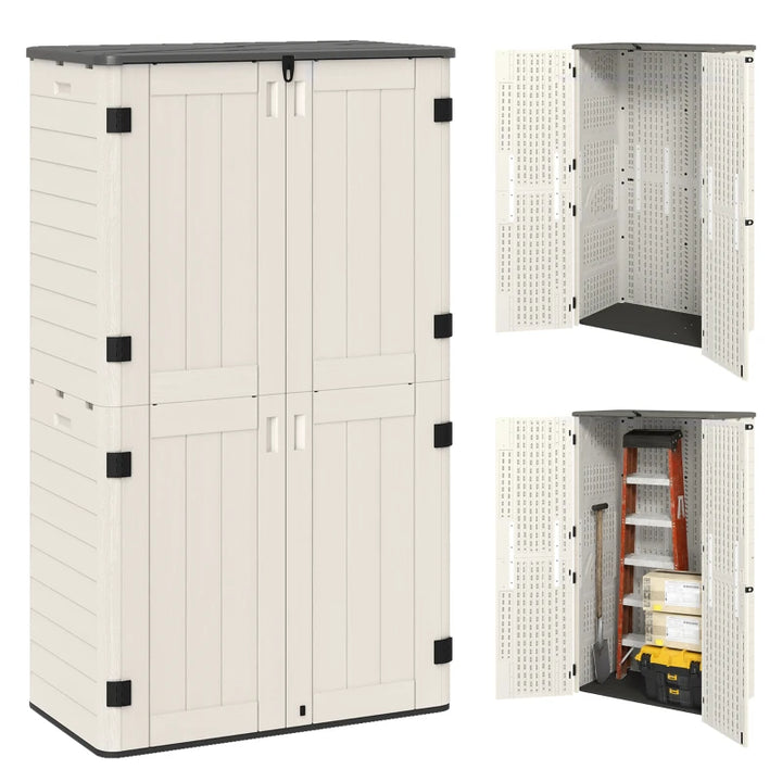 Outdoor Storage Cabinet Cream White - Large Capacity Lockable Garden Shed