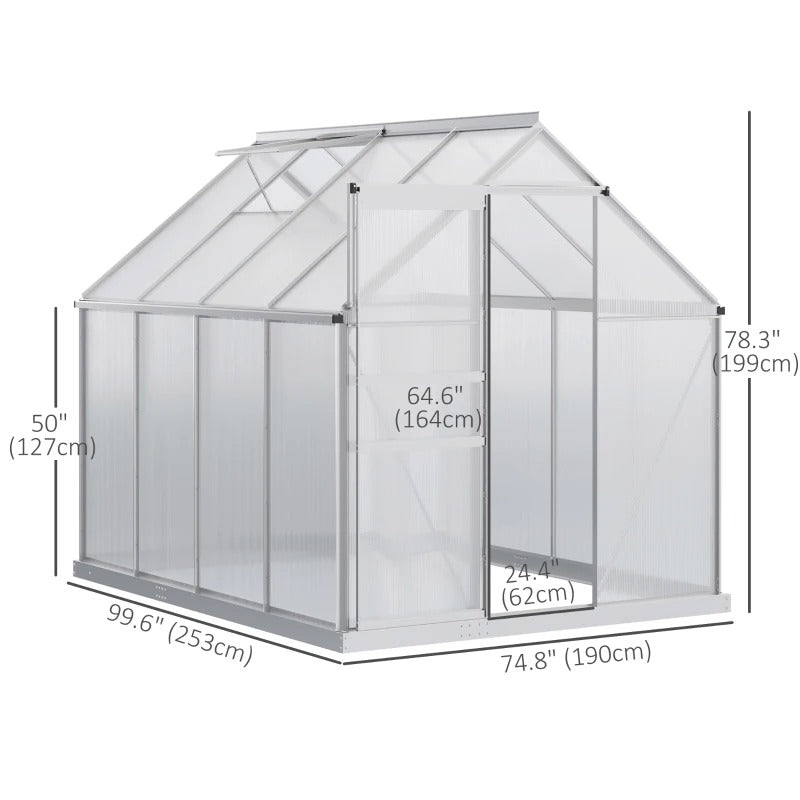 8' x 6’ x 6.5' Walk-In Hard-Sided PC Aluminum Garden Greenhouse w Vent Foundation Outdoor Plant