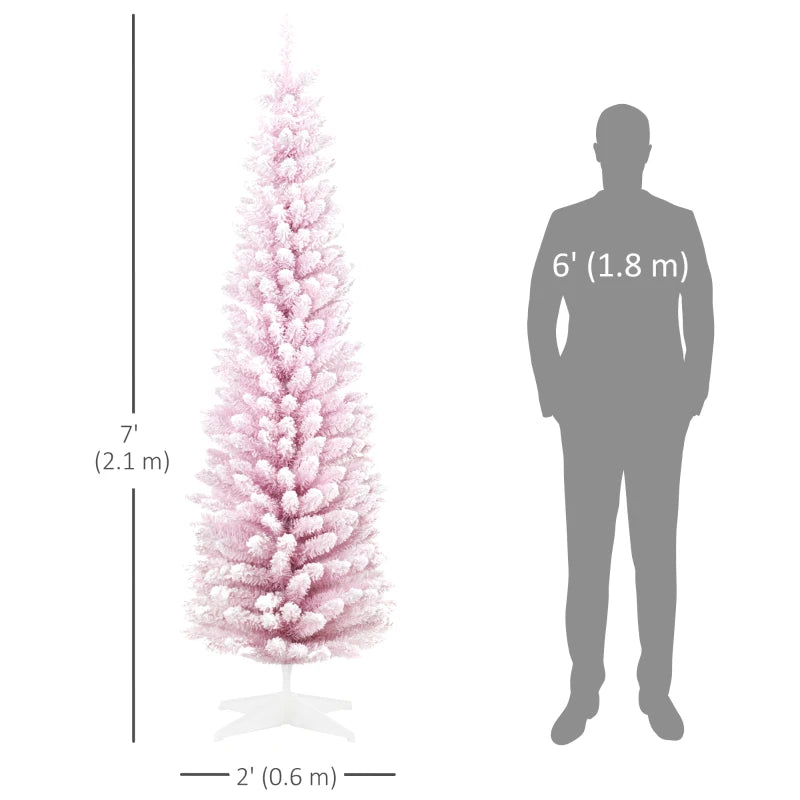 NEW 7ft 499-Tip Unlit Snow Flocked Slim Pencil Artificial Christmas Holiday Fake Xmas Tree, Pink